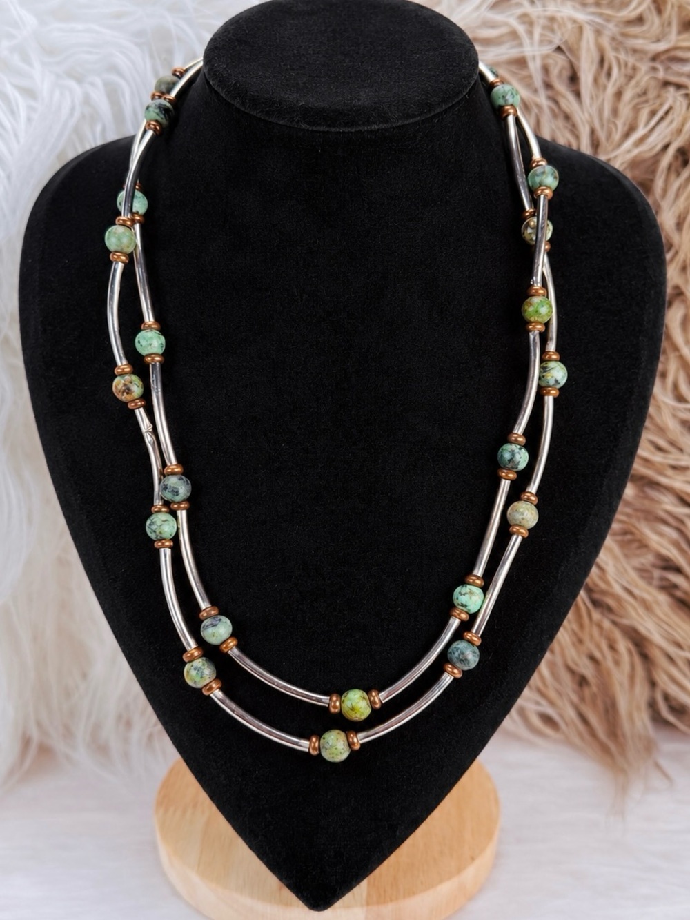 Dragonfly Button Closure bohemian chic aged silvertone double stranded necklace